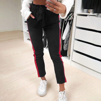 

Tailored Women High Waist Pure Color Stripe Bandage Elastic Waist Casual Pants