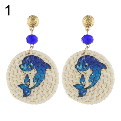 

Dolphin Seahorse Parrot Pattern Round Rattan Charm Lady Statement Hook Earrings