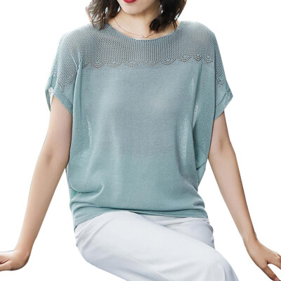 

Summer Women Short Sleeve Knitted Pullover Loose T-Shirt Mesh Breathable Bat Sleeve Top