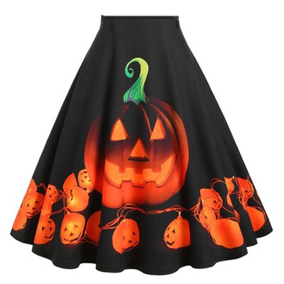 

Roseonmyhand Women Halloween Plus Size Pumpkin Print Halloween High Waist Pleated Skirt Dress