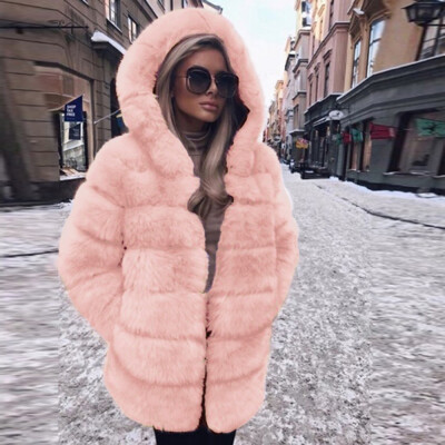 

Roseonmyhand Women Fashion Luxury Faux Fur Coat Hooded Autumn Winter Warm Overcoat