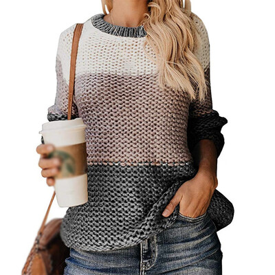 

Womens Knit Long Sleeve Color Block Ladies Winter Crew Neck Sweater Jumpers Tops