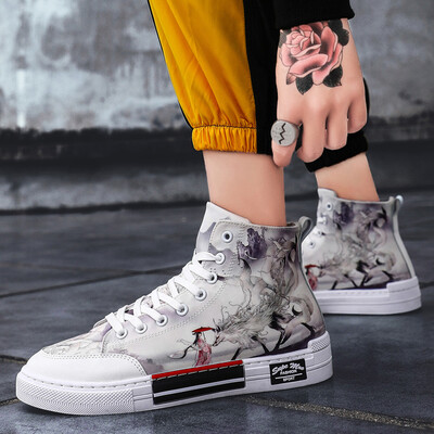 

Autumn high canvas shoes mens flat shoes deodorant breathable student society wild personality graffiti tide shoes mens shoes