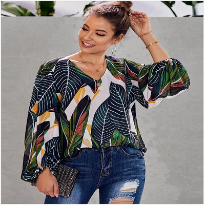 

Wish Amazon burst shirt women Europe&the United States new loose shirt printing loose V-neck Lantern sleeve shirt Light