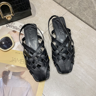 

Summer Baotou hollowed out breathable cross belt knitting Roman shoes retro low heel&back tripping sandals girl