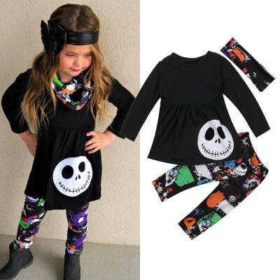 

3pcs Halloween Baby Kids Girls Outfits Headband Long Sleeve T-shirt Tops Pants Clothes Set