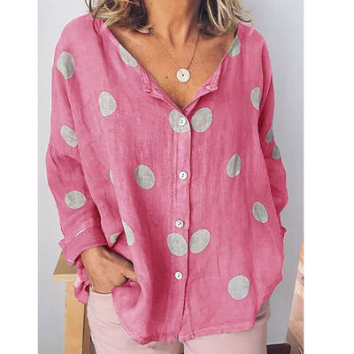 

Women Casual Loose Cotton Linen Button Long Sleeve Shirt Blouse Tunic Tops