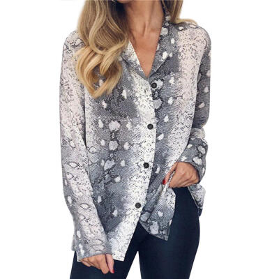 

Loose Snake Print Women Chiffon Blouses Long Sleeve Casual V Neck Tops