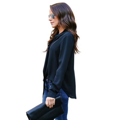 

Roseonmyhand Womens Solid Long Sleeved V-Neck Casual Tie Chiffon Shirt Top Blouse