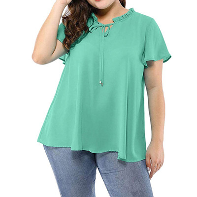 

Women Solid Shirts Lace Up Chiffon Top Short Sleeve Casual Blouse Shirt Plus Size
