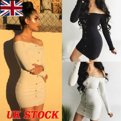

Womens Short Mini Knit Dress Bodycon Bandage Long Sleeve Evening Party Cocktail