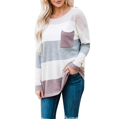 

Nomeni Womens Long Sleeve Stripe Sweater Oversized Knitted Pocket Jumper Pullover Top