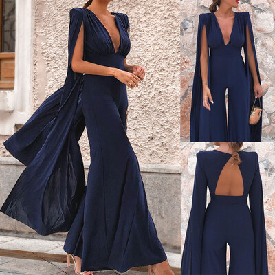 

Starmoon Women Sexy Fashion Deep V-Neck Long Sleeve Ladies Solid Wide Leg Long Jumpsuit