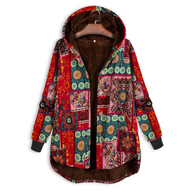 

Tailored Plus Size Women Side Button Ethnic Print Hooded Long Sleeve Vintage Coat