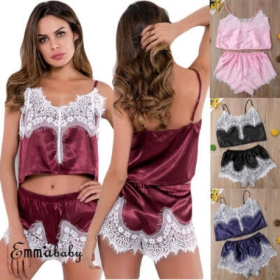 

Women Sexy Satin Lace Sleepwear Babydoll Lingerie Nightdress Pajamas 2pcs Set