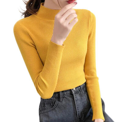 

Autumn Women Knitted Base Shirt Half High Collar Slim Solid Color Bottoming