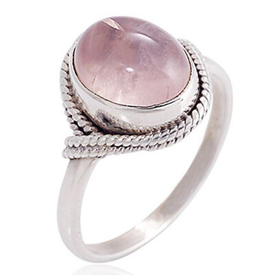 

Antique Silver Rose Quartz Gemstone Oval Rope Edge Vintage Band Ring