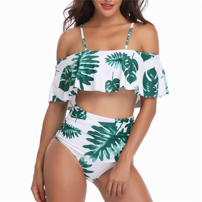 

Saidsome Women Padded Ruffles Leaves Print Beach High Waist Suit Bikini Swimwear Plus