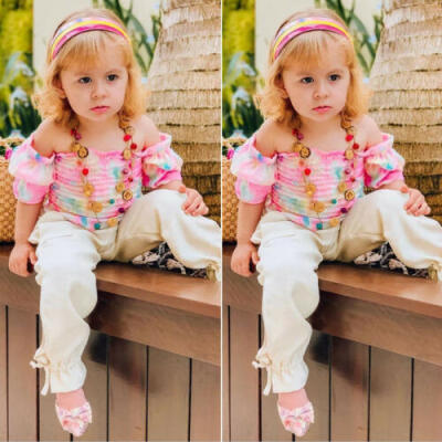 

Toddler Kids Baby Girl Clothes Off-Shoulder Vest Flower Tops Long Pants Outfits