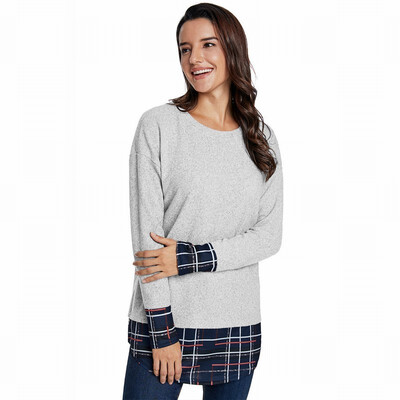 

Round neck long sleeve plaid stitching long loose womens T-shirt top