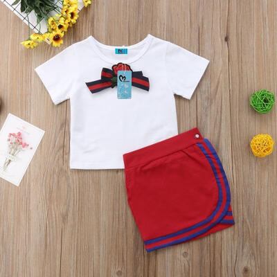 

2PCS Newborn Kid Baby Girls Bow Flower Tie Short Sleeve Cotton T-shirt Tops Short Mini Skirt Outfit Set