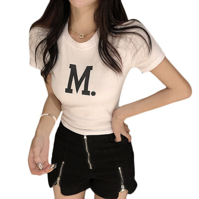 

Womens Korean Style Round Neck Letter Print Short Sleeve Tight Crop Top T-Shirt