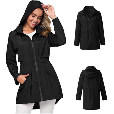 

Roseonmyhand Women Solid Rain Jacket Outdoor Plus Size Waterproof Hooded Windproof Loose Coat