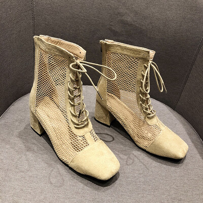 

Autumn hollow air-permeable thin boots thick heels high heels tie-up Martin boots&boots