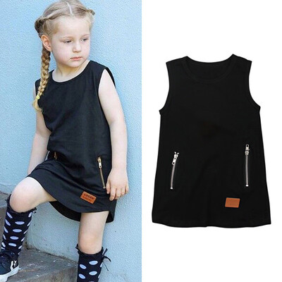 

Infant Baby Girl Kids Sleeveless Solid Zipper Pocket Dress Outfit Clothing