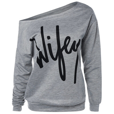 

Wifey Print Skew Neck Sweatshirt