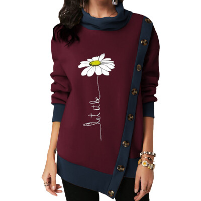 

Women Fashion Sweatshirt Flower Print Long Sleeve Foldover Collar Irregular Buttons Sweatshirt Women Casual Top