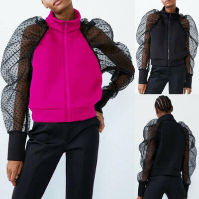 

Autumn Womens High Collar Sweater Polka Dot Mesh Sheer Puff Sleeve Tops Blouse
