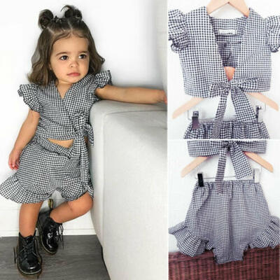 

UK Summer Infant Baby Girls Plaids Fly-Sleeve Top Ruffle Pants Outfits Clothes