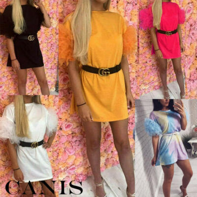 

Women Summer Tulle Frill Mesh Puff Short Sleeve Shirt Dress Tunic Mini Top UK