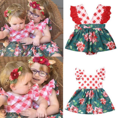 

2019 Christmas Toddler Kid Baby Girl Clothes Floral Plaids RomperDress Outfits
