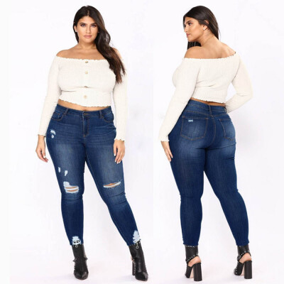 

〖Follure〗Women Plus Size Ripped Stretch Slim Denim Skinny Jeans Pants High Waist Trousers