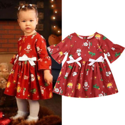 

UK Christmas Infant Baby Girl Clothes Flared Sleeve Bowknot Tutu Dress Outfits