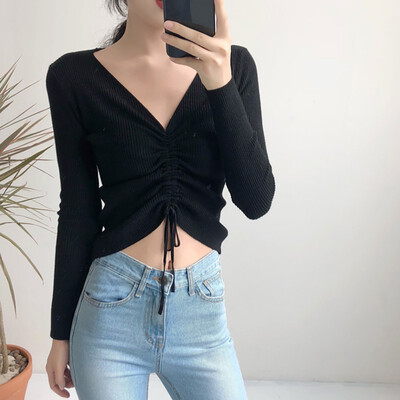 

sweater women Sexy lace up knitting pullover top Fashion autumn winter Chic pink V-neck knit slim jumper pull femme 2019 New