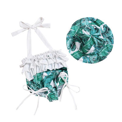 

2pcsset Leaf Print Children Swimwear Cap Kids Girls One Piece Swimsuit Hat