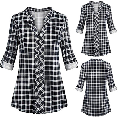

Starmoon Womens Shirt Top Plaid Long Sleeve V-Neck Casual Buttoned Shirt Top Blouse