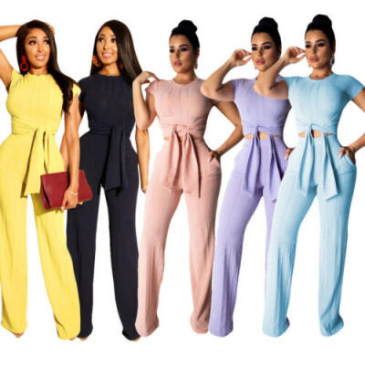 

Women 2 Piece Outfit Set Rompers Jumpsuit Long Pants Set Short Sleeve Crop Tops