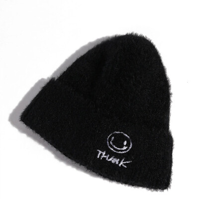 

Red Hat Lady Smiley Embroidered Wool Hat Student Cute Mink Wool Knit Hat Japanese FallWinter Turtleneck Hat