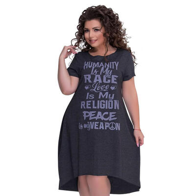 

Letter Print Large Size Long Dress Women Round Neck Short Sleeve Dresses