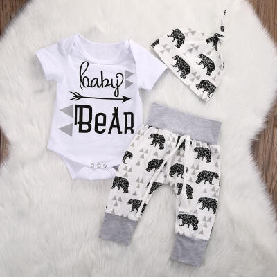 

Newborn Girls Boy Baby Bear Short Sleeve Tops Romper Pants Hat 3pcs Outfits Set