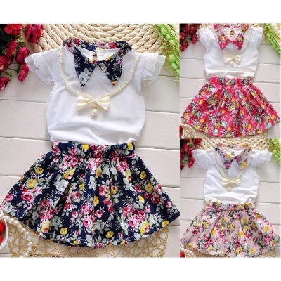 

2-7Years Girls Tolddlers Princess NecklaceTopSkirt 3pcs Set Kids Clothes Outfits Summer 3 Colors 2-8Years