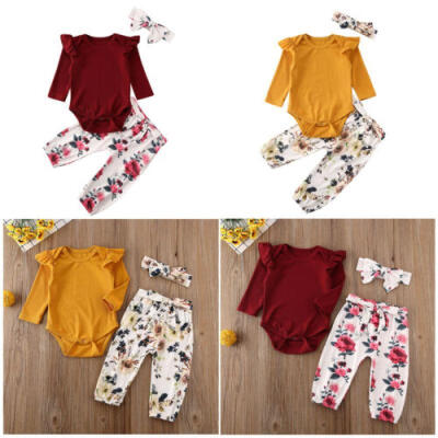 

3PCS Funny Newborn Baby Girl Flower Print Romper Bodysuit Pants Headband Outfit