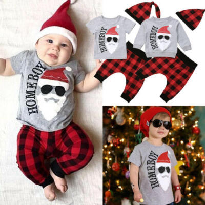 

US Christmas Newborn Baby Boy T shirt TopsHarem Pants 3pcs Outfits Set Clothes