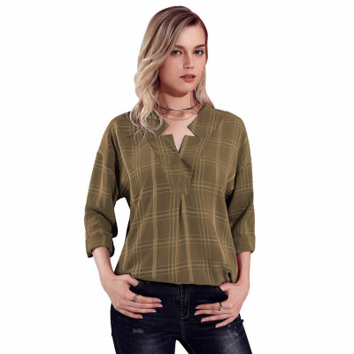 

V-neck long-sleeved plaid plaid thin section casual white-collar blouse top