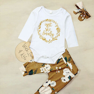 

Newborn Infant Baby Girl Clothes Romper Tops Floral Pants Headband Outfit Set