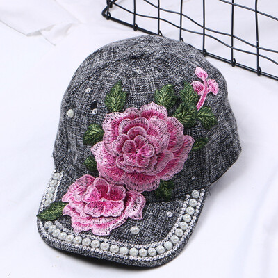 

Taobao Korean Hat Womens flower stick drill embroidery cap summer sun hat baseball cap all kinds of bent brim hat trend